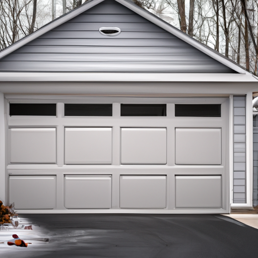 Suburban Carlisle, MA home with a modern steel garage door and clear driveway on a cool autumn morning.