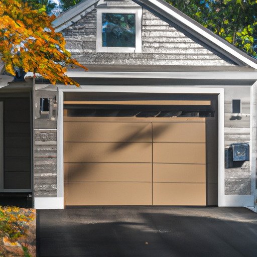 Suburban Carlisle garage with a modern sectional door and visible smart garage system control near the opener, autumn foliage in background.