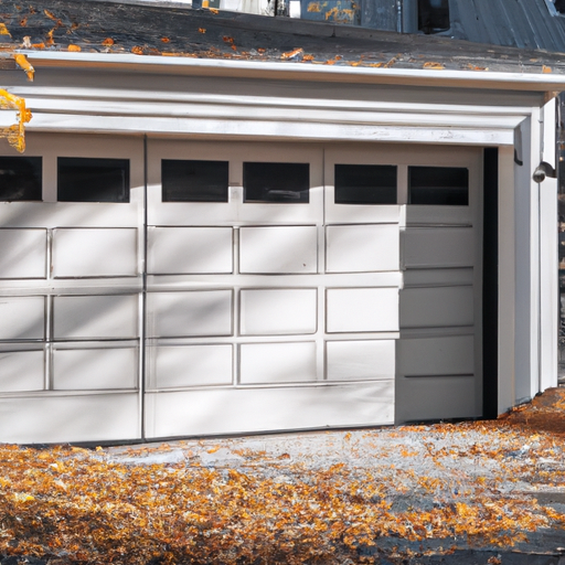 Residential garage door in Carlisle, MA with visible panels, tracks, and autumn leaves on driveway.