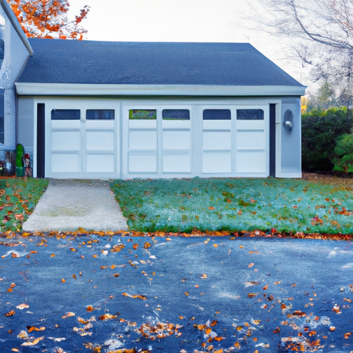 Insulated sectional garage door on a Carlisle, MA home with weatherstripping and light frost visible