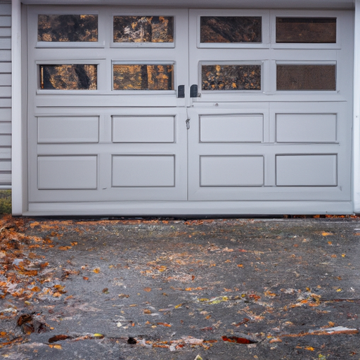 Suburban Carlisle colonial with closed sectional garage door, visible tracks and weather seal, wet leaves on driveway.