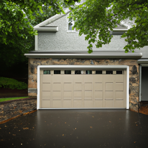 Suburban Carlisle home with modern insulated steel garage door, wet driveway, and mature trees in early morning light.