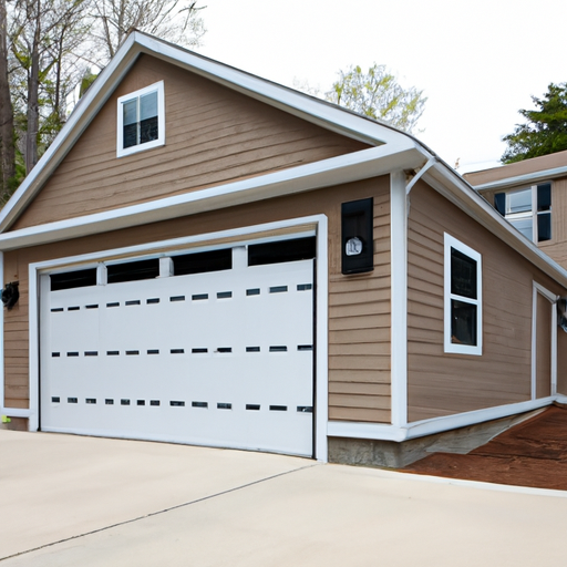 Suburban Carlisle, MA garage with a modern sectional door and visible smart garage opener in soft overcast light.