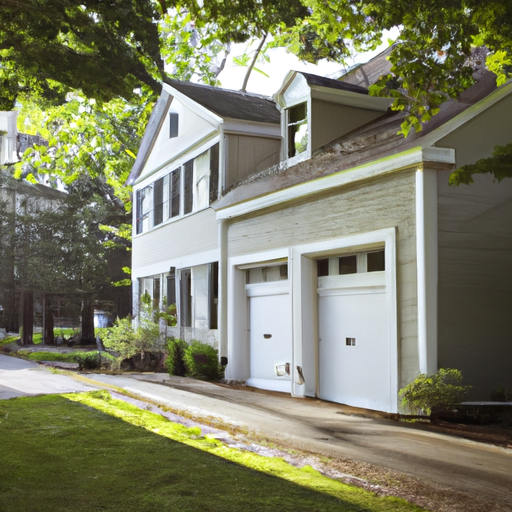 Sectional garage door on a Colonial-style home in Carlisle, MA with driveway and lawn in morning light.