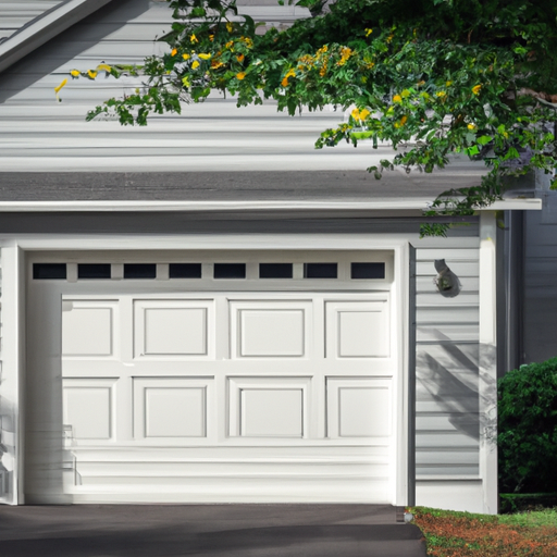 Exterior view of a residential garage door in Carlisle, MA with a visible smart keypad and driveway, no people.