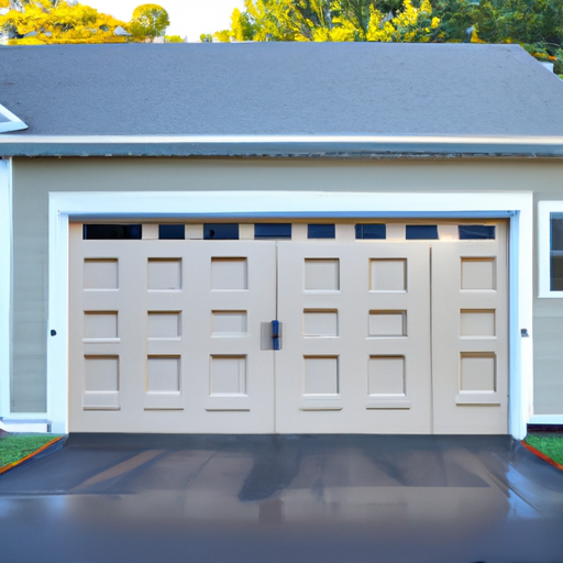 Modern paneled garage door on a suburban Carlisle, MA house on an early morning with dew on the driveway.