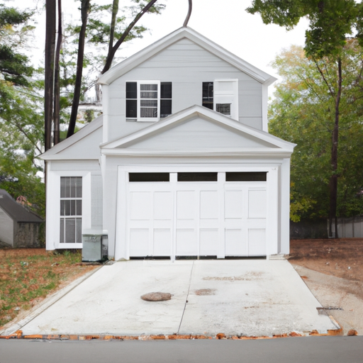 Closed insulated steel garage door on a Colonial-style home in Carlisle, MA with a clean driveway on an overcast morning