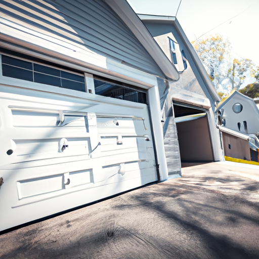 Suburban Carlisle MA two-car garage with a modern sectional door partially open, showing tracks and torsion spring
