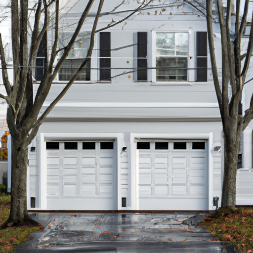 Colonial-style Carlisle, MA home with a modern insulated white garage door closed on a wet driveway at dawn.