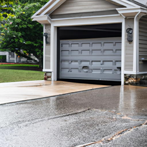 Editorial photo of a Carlisle, MA suburban garage door with visible track and roller hardware, wet pavement, and a maple tree.
