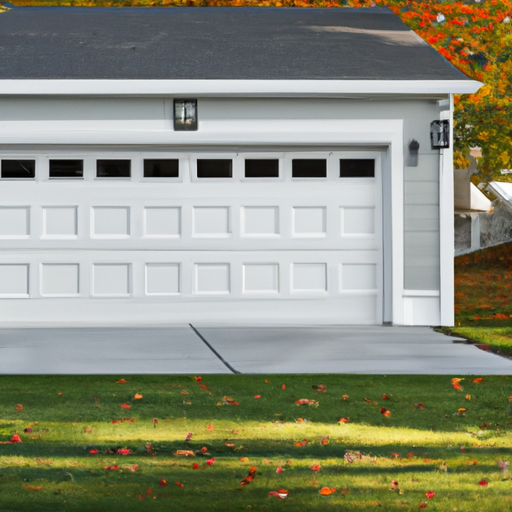 Suburban Carlisle garage with white panel door open on tracks, neat driveway, morning light, no people.