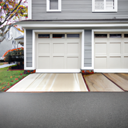 Suburban two-car garage door on a Carlisle, MA home with overcast light, driveway and balanced tracks visible.